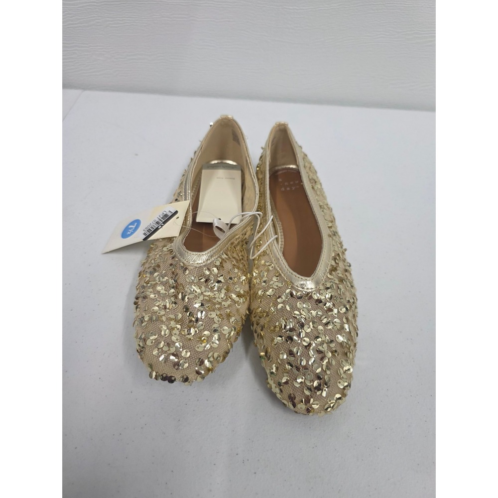 A New Day Women Gold Sequin Ballet Flats Round Toe Slip On Holiday Shoes 7.5